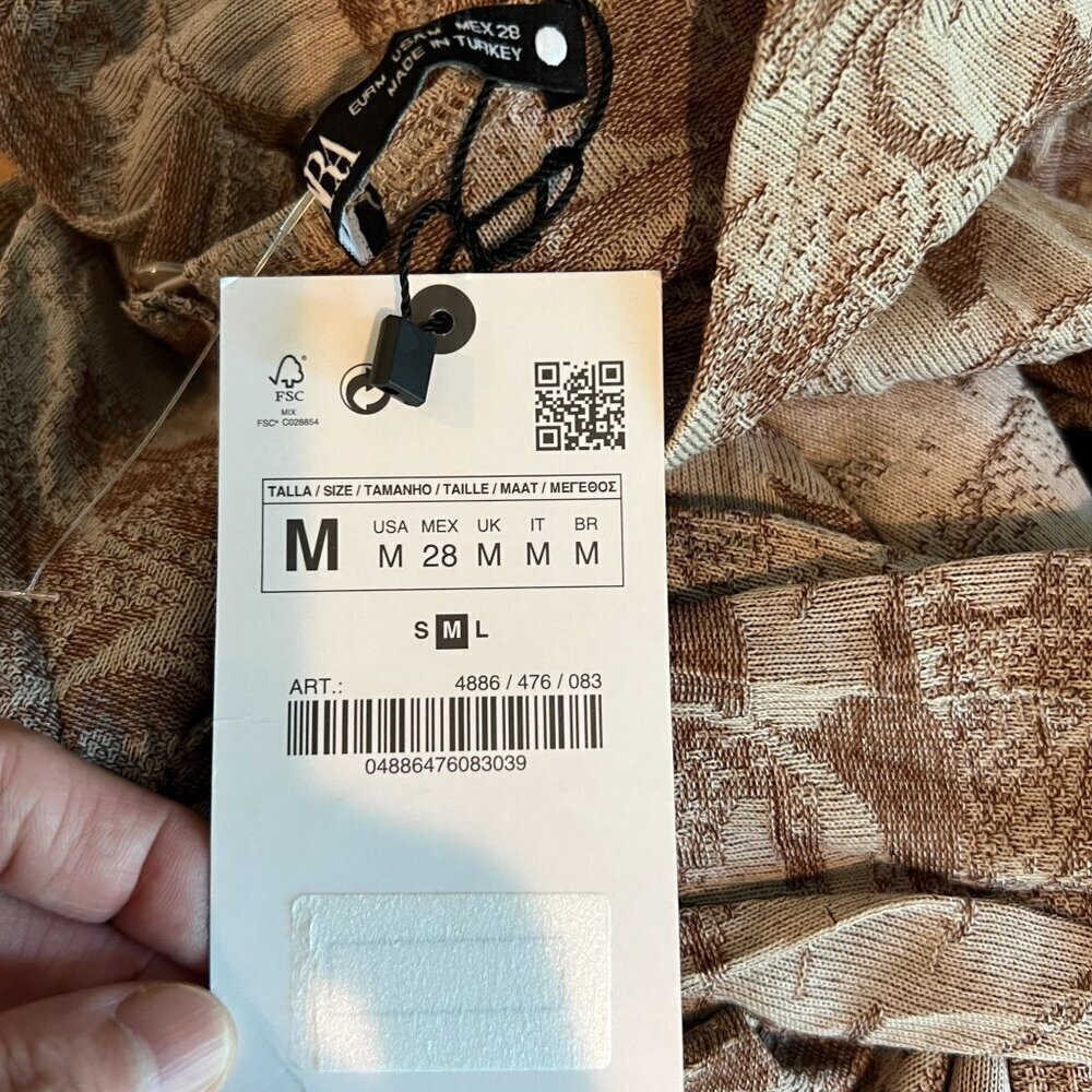 Zara Taupe Brown Abstract Leaf Print Midi Dress Mock Neck Boho Crinkle MEDIUM - Picture 8 of 12